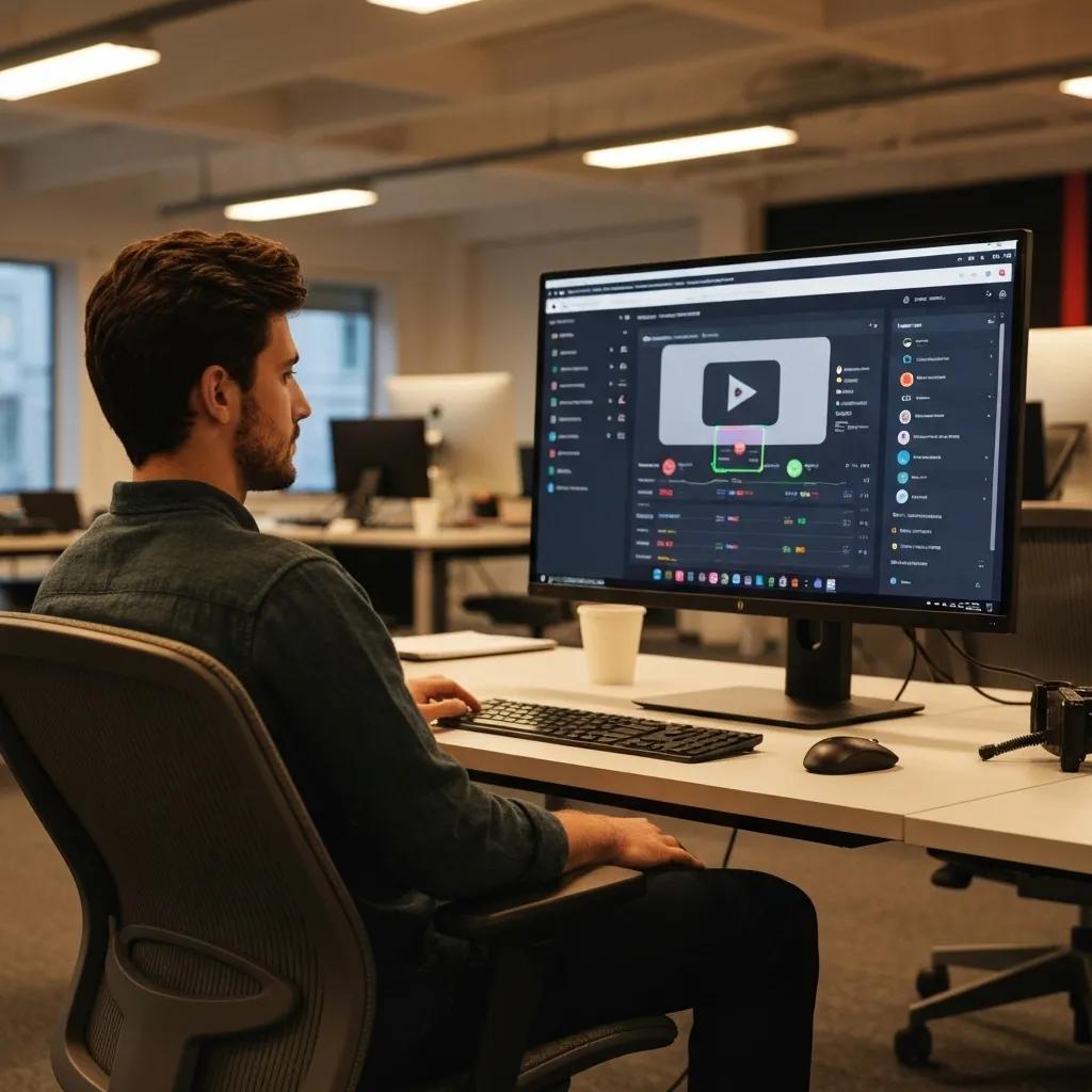 A person analyzing session recordings on a monitor in a tech-savvy workspace