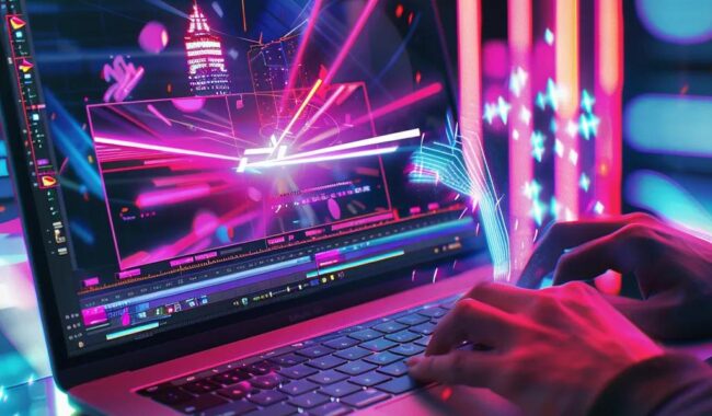 Content creator using AI video editing software in a modern workspace