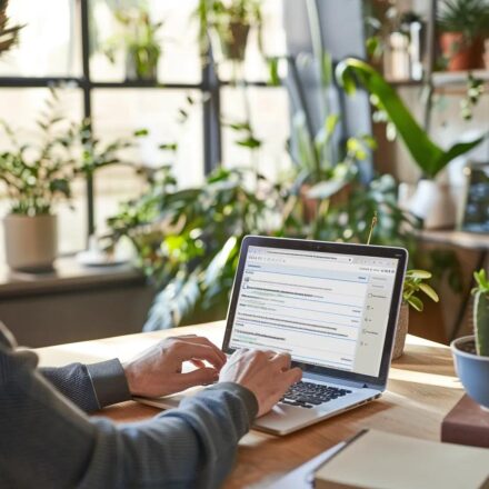 Person engaging with an online form on a laptop in a modern workspace, highlighting Typeform's user-friendly design