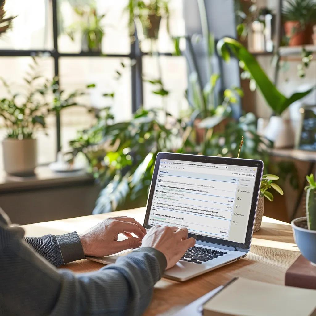 Person engaging with an online form on a laptop in a modern workspace, highlighting Typeform's user-friendly design
