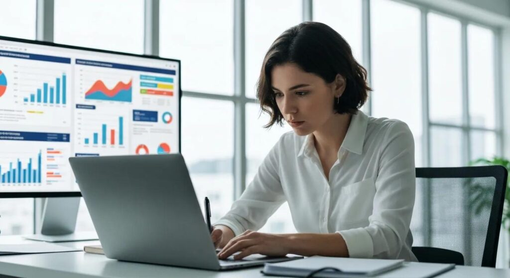 Digital marketing professional analyzing ad performance with elements of online advertising in the background