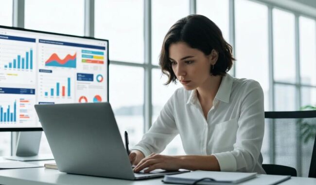 Digital marketing professional analyzing ad performance with elements of online advertising in the background