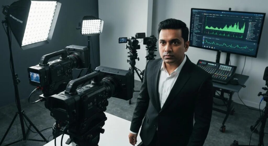 Entrepreneurs collaborating in a modern workspace using Streamyard for live streaming