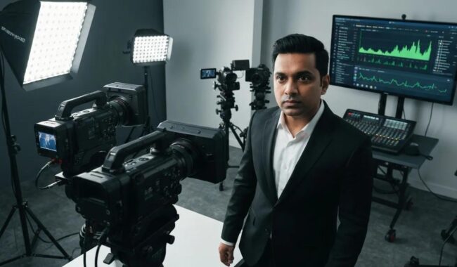 Entrepreneurs collaborating in a modern workspace using Streamyard for live streaming