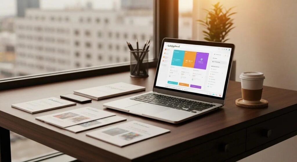 Modern workspace with laptop and marketing materials representing GoHighlevel review