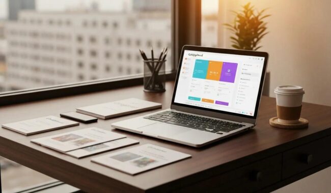 Modern workspace with laptop and marketing materials representing GoHighlevel review