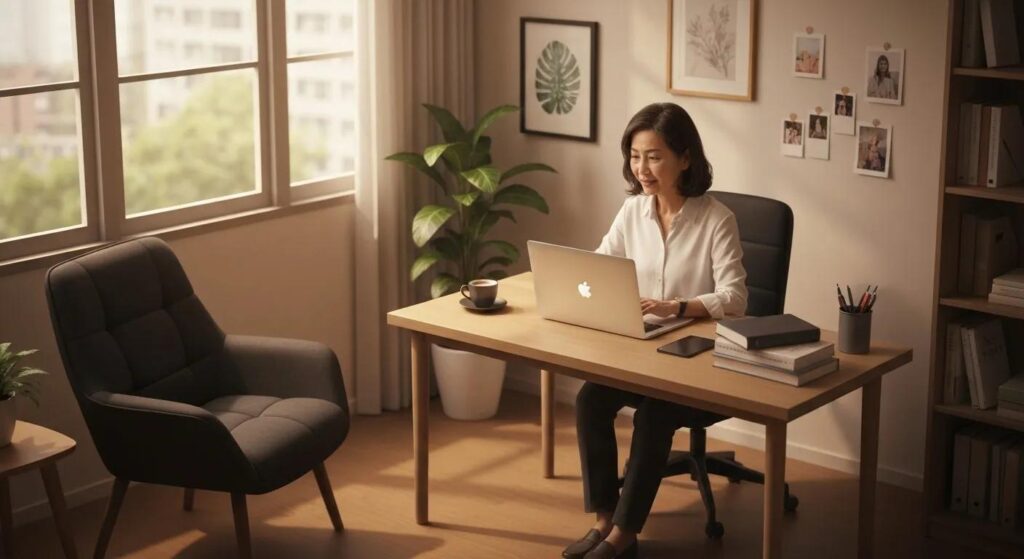 Person using a laptop in a cozy home office, symbolizing online security and privacy
