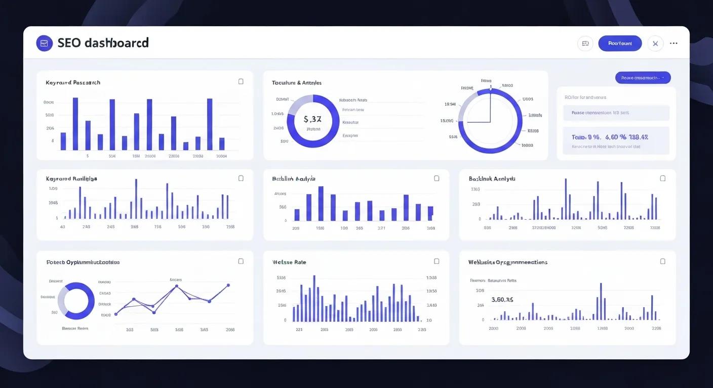 Digital dashboard showcasing key metrics and features of an SEO tool