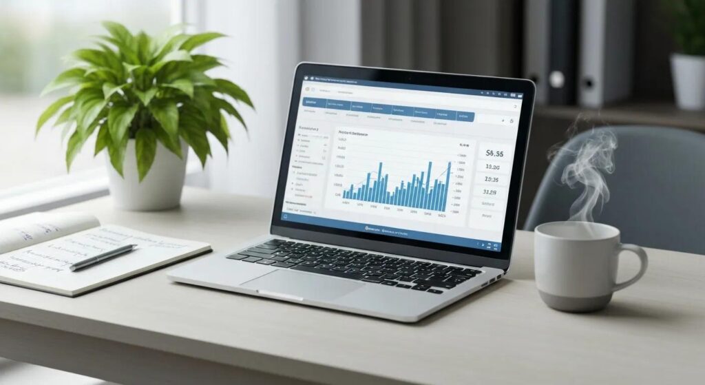 Modern workspace with laptop showing SEO analytics and a notepad filled with keywords