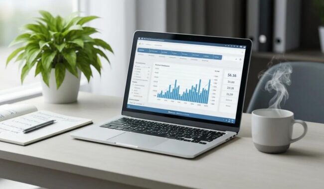 Modern workspace with laptop showing SEO analytics and a notepad filled with keywords