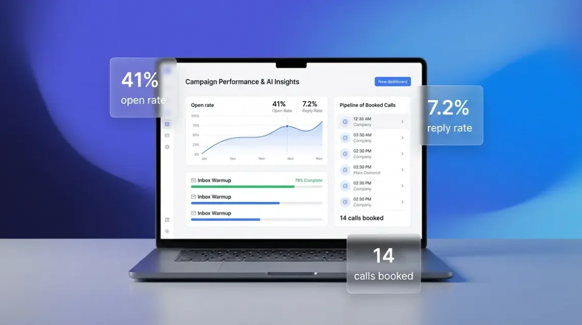 Instantly.ai cold email marketing dashboard showing open rates, warmup progress, and booked calls