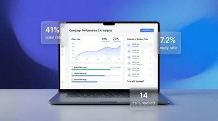 Instantly.ai cold email marketing dashboard showing open rates, warmup progress, and booked calls
