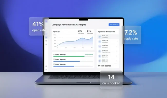 Instantly.ai cold email marketing dashboard showing open rates, warmup progress, and booked calls