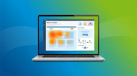 Microsoft Clarity review showing heatmap dashboard and session recording analytics interface on laptop