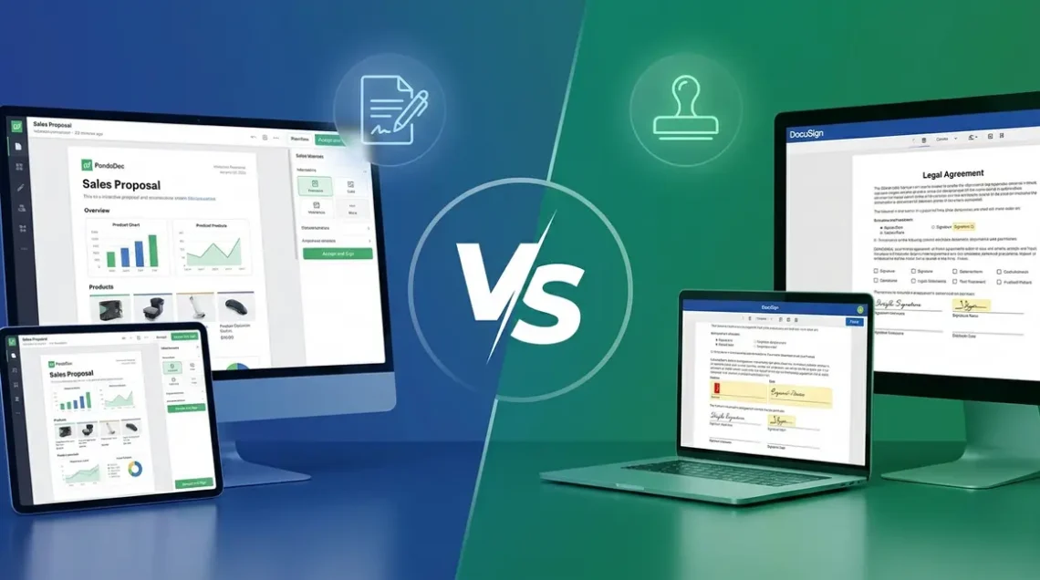 PandaDoc vs DocuSign comparison showing sales proposal workflow versus enterprise e-signature compliance platform