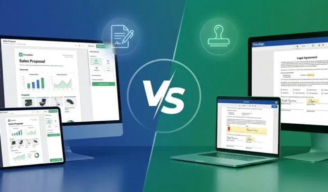 PandaDoc vs DocuSign comparison showing sales proposal workflow versus enterprise e-signature compliance platform